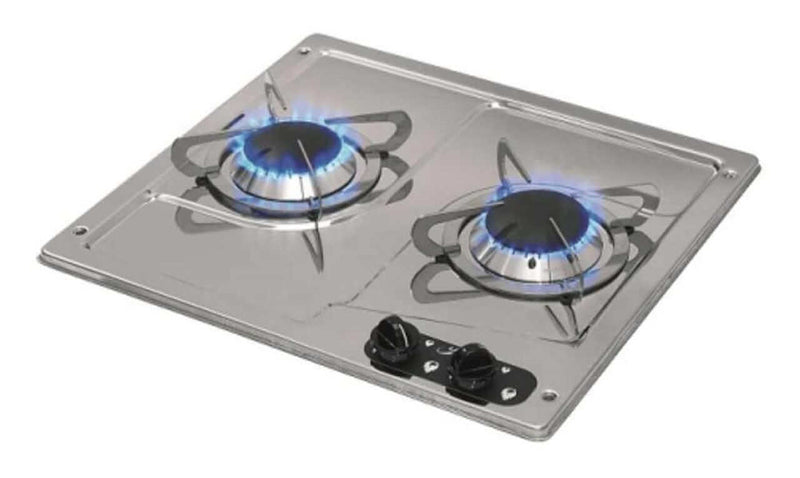 CAN 2 Burner Gas Hob Stainless Steel featuring two burners with blue flames and adjustable knobs.