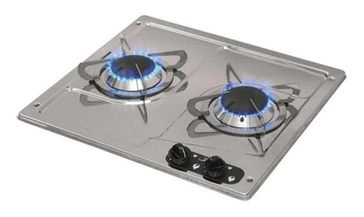 CAN 2 Burner Gas Hob Stainless Steel featuring two burners with blue flames and adjustable knobs.