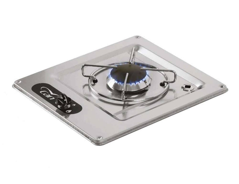 CAN Single Burner Gas Hob Stainless Steel on a polished stainless steel surface with one burner and control knob.