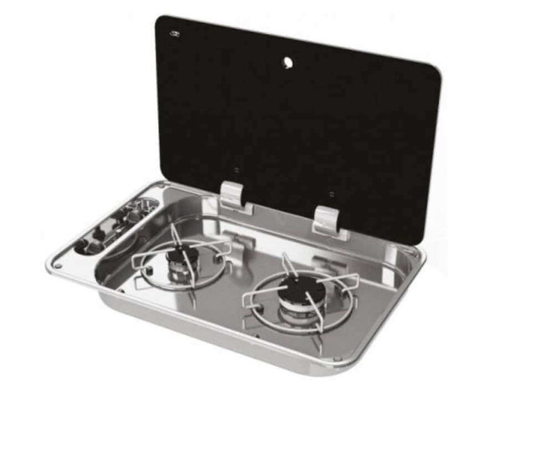 Flush Fitting Twin Burner Gas Hob with tempered glass lid and stainless steel support grid.