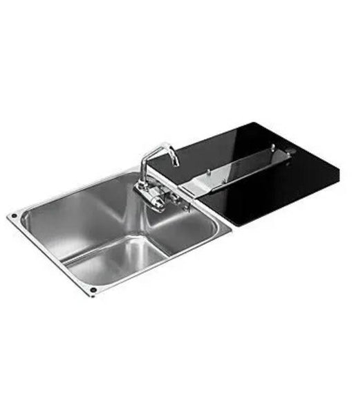 Sink with Folding Tap and Tempered Glass lid featuring stainless steel basin and foldable glass cover.