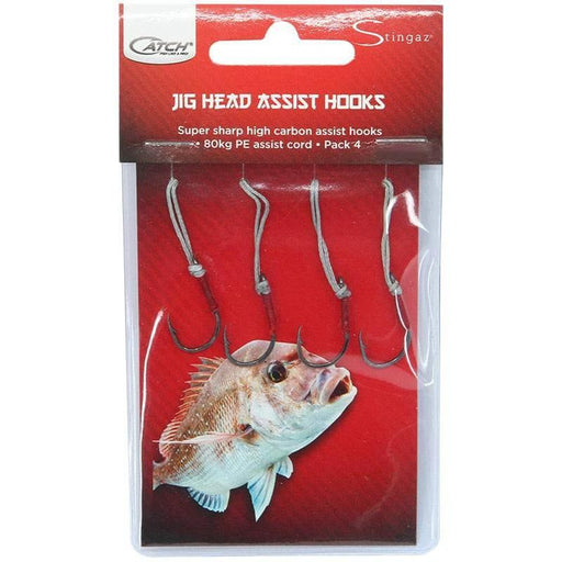Jig Head Assist Hooks Pack with super sharp high carbon assist hooks and 80kg PE assist cord for fishing.