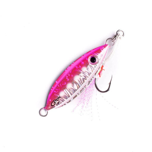 Baby Boss 20g fishing lure in bright pink and silver with unique swimming action for attracting snapper and fish.