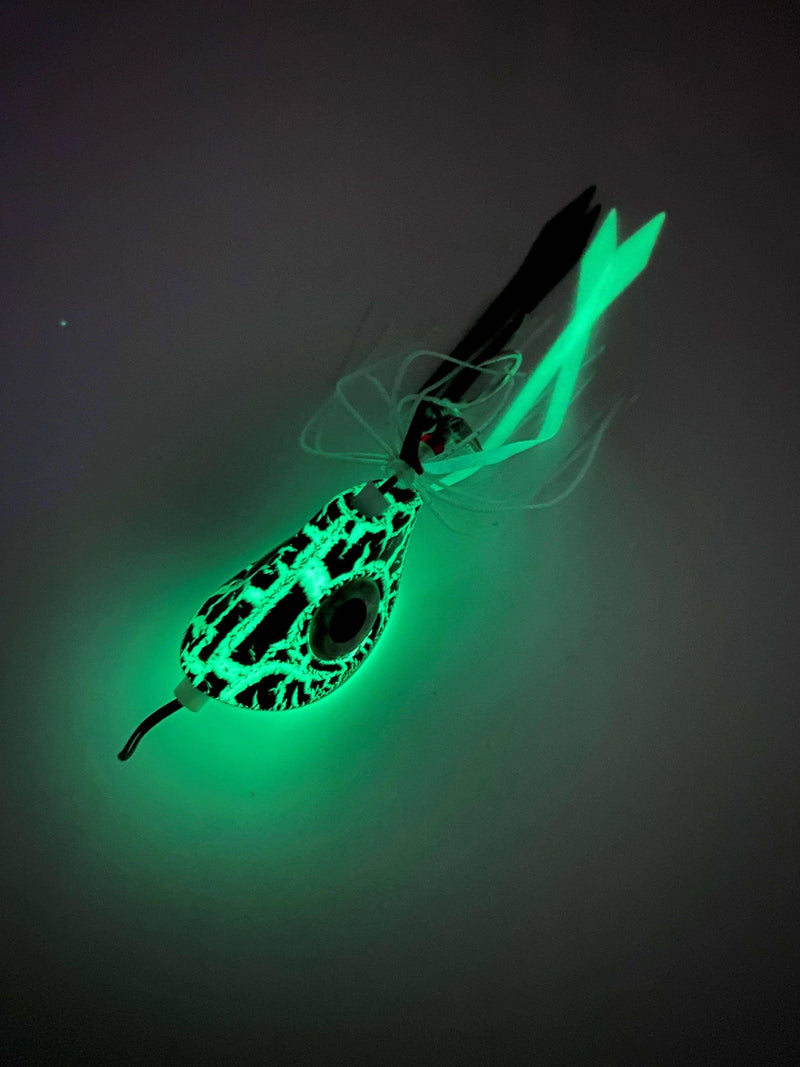 Catch Beady Eye Kabura 60g 80g 100g 120g 150g with Glow and UV illuminated in dark setting.