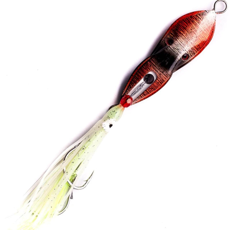 Boss Squid fishing lure with vibrant colors, strong hooks, and unique curved shape for natural motion.