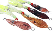 Five Boss Squid jigs with vibrant colors, unique shapes, and extra strong hooks for effective fishing techniques.