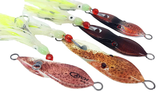 Five Boss Squid jigs with vibrant colors, unique shapes, and extra strong hooks for effective fishing techniques.