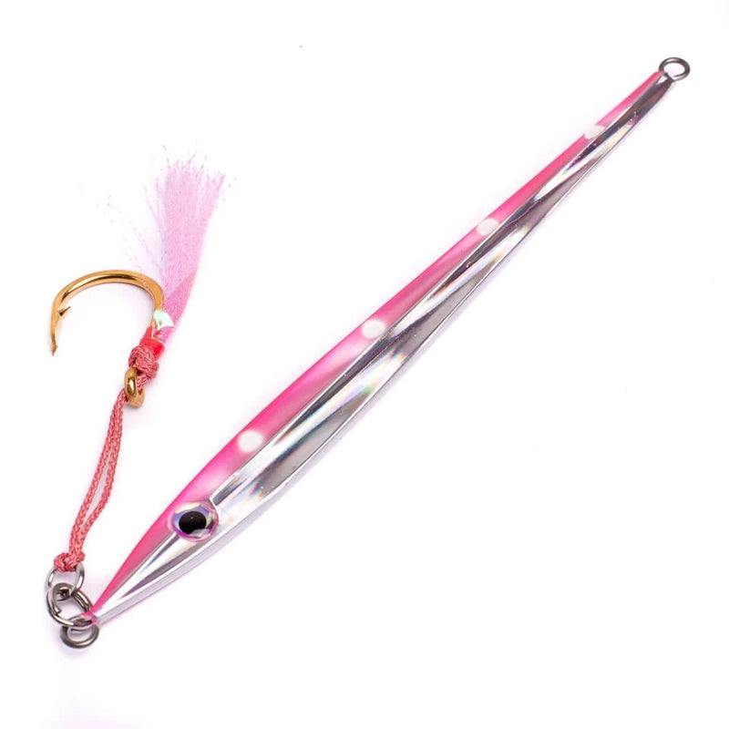 Catch Long John Slide lure in pink with silver accents, designed for catching kingfish with irresistible motion.