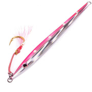 Catch Long John Slide fishing lure in pink color with shiny finish and hooked design, perfect for catching kingfish.