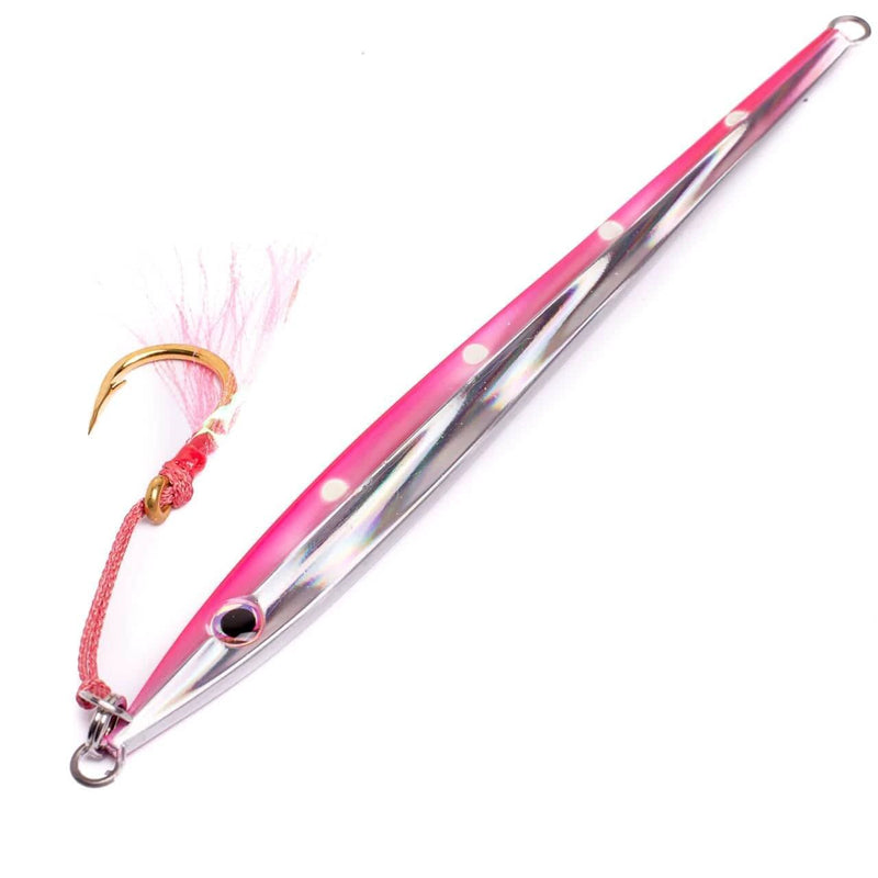 Catch Long John Slide fishing lure in pink color with shiny finish and hooked design, perfect for catching kingfish.