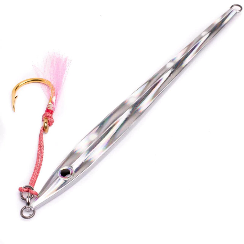 Catch Long John Slide fishing lure with pink decoration and hooked end for catching kingfish.