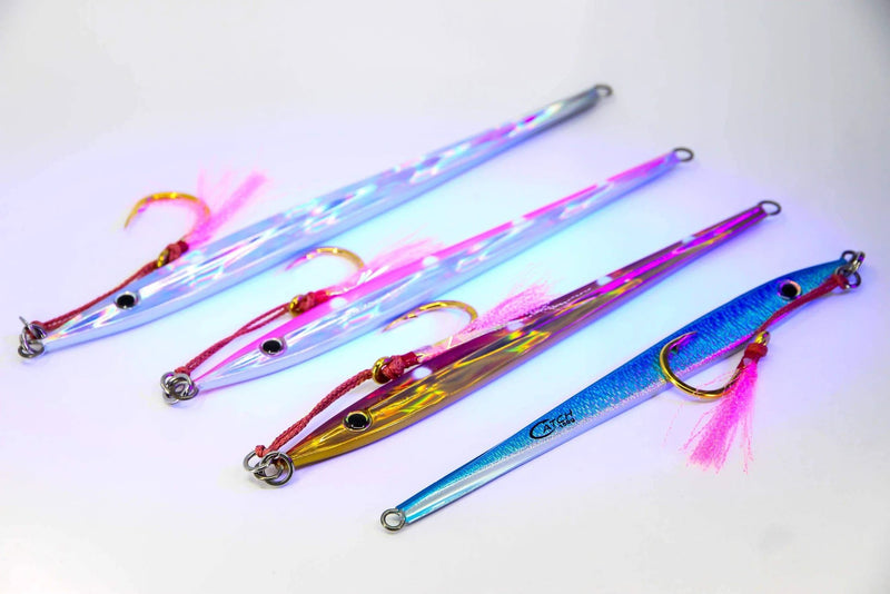 Catch Long John Slide lures featuring vibrant colors and low profile fins for kingfish fishing.