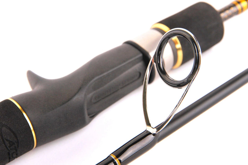 Detail of the Catch Kensai Slow Pitch Jigging Acid Wrap Rod, showcasing the grip and guide design.