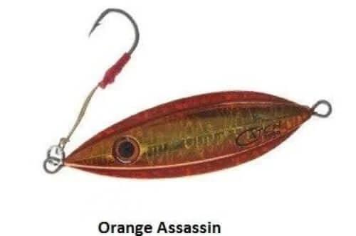 The Boss Slow Pitch Jig 80 100 150G x 4 Color - Orange Assassin jig with a sharp hook for fishing.