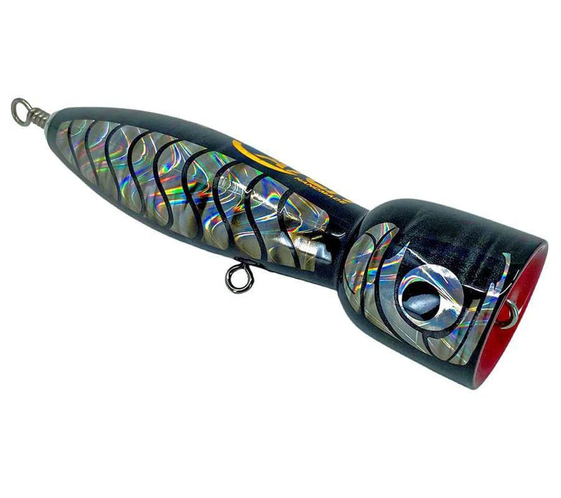 Handmade Popper Charlie Chugga lure with holographic finish, designed for fishing, showcasing quality craftsmanship.
