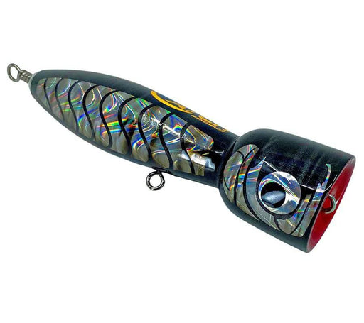 Handmade Popper Charlie Chugga lure with holographic finish, designed for fishing, showcasing quality craftsmanship.