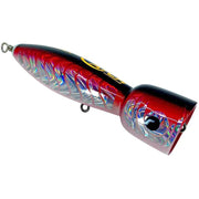 Handmade Popper Charlie Chugga in vibrant red color with holographic design for fishing enthusiasts.
