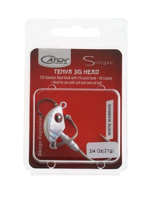 Catch Jig Head w/ Assist Hook White  Warrior 3/4oz packaging showcasing a stainless steel hook designed for fishing.