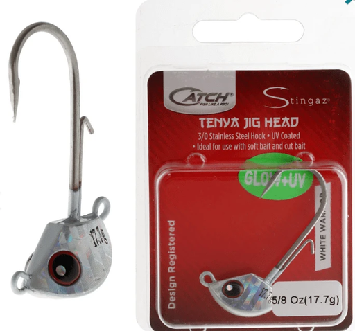 Catch Stingaz Tenya Jig Head with Assist Hook 3/8oz White Warrior displayed with packaging and detailed design.