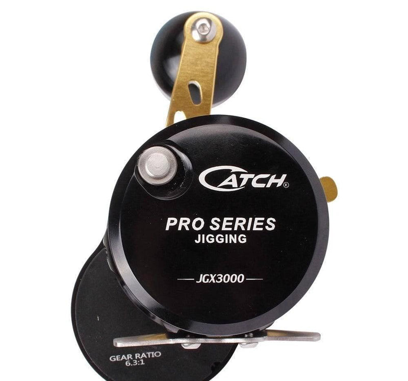 Catch Pro Series JGX3000 Jigging Reel Left Hand close-up view showcasing its durable design and features.