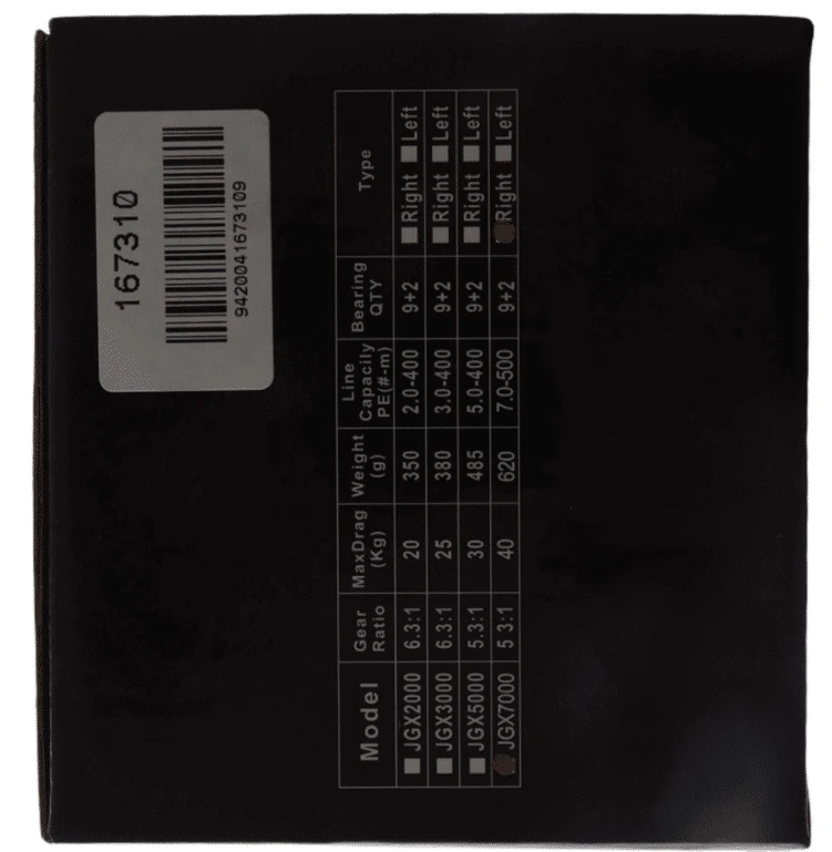 Catch Pro Series JGX7000Jigging Reel Right Hand specifications and features on product packaging.