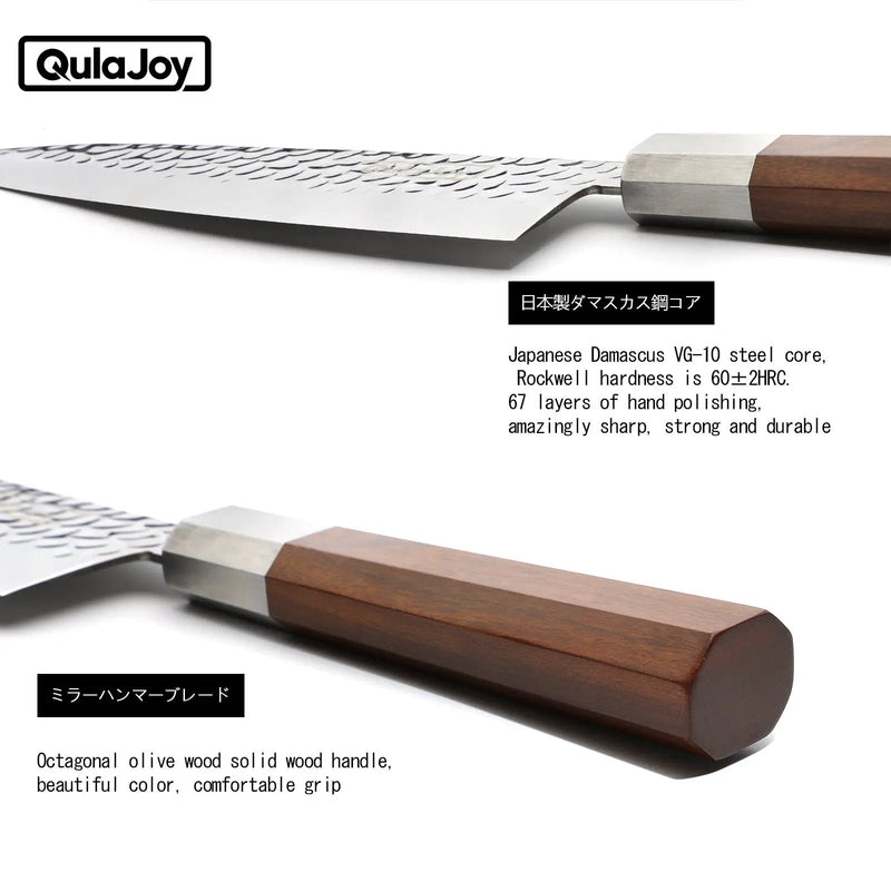 Qulajoy Nakiri Knife 7 Inch - Hammered Japanese Vegetable Knife 9cr18mov Mirror Polishing Hand Forged Blade Kitchen Knife - Olivewood Handle With Sheath - Santoku by China Dropship