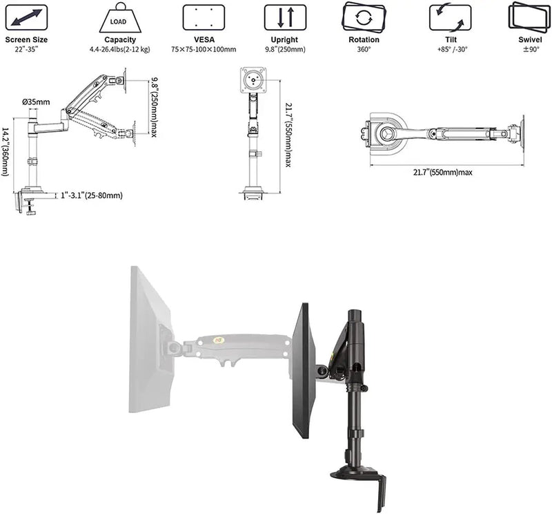 22''- 35'' Monitor Desk Mount Stand Full Motion Swivel Monitor Arm Gas Spring by salelink.co.nz