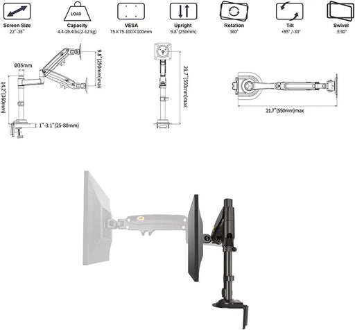 22''- 35'' Monitor Desk Mount Stand Full Motion Swivel Monitor Arm Gas Spring by salelink.co.nz