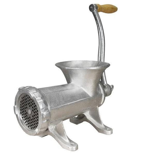 Hand Mincer size # 32 Cast with wooden handle and steel arm, designed for benchtop mounting.