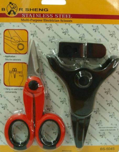 Scissors Electricians SS 140mm - Bor Sheng with sheath on packaging, showcasing stainless steel blades and ergonomic grips.