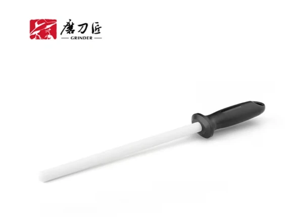 Ceramic sharpening rod 250mm Round for sharpening knives with a black handle.