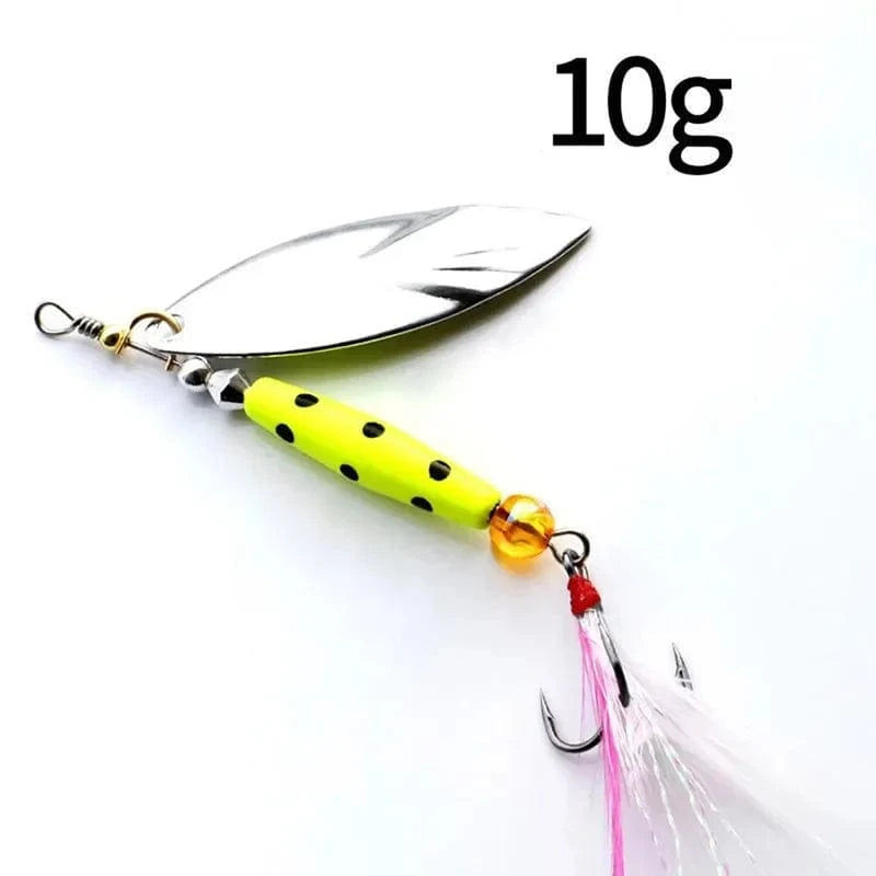 China Action Fishing Nets 1 Pcs Metal Sliver Rotating Sequins Spoon Lure 7g/10g Spinner Fishing Hard Bait with Feather Treble Hook Fishing Accessories