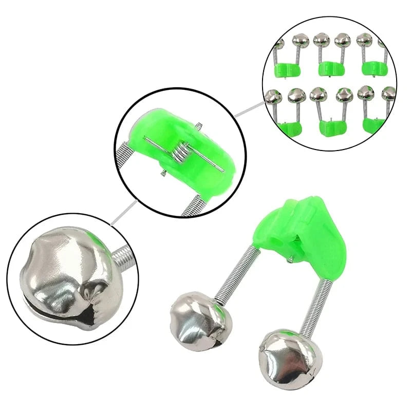 China Action Fishing Nets 10pcs/lot Fishing Bite Alarms Fishing Rod Bell Rod Clamp Tip Clip Bells Ring Green ABS Fishing Accessory Outdoor Metal