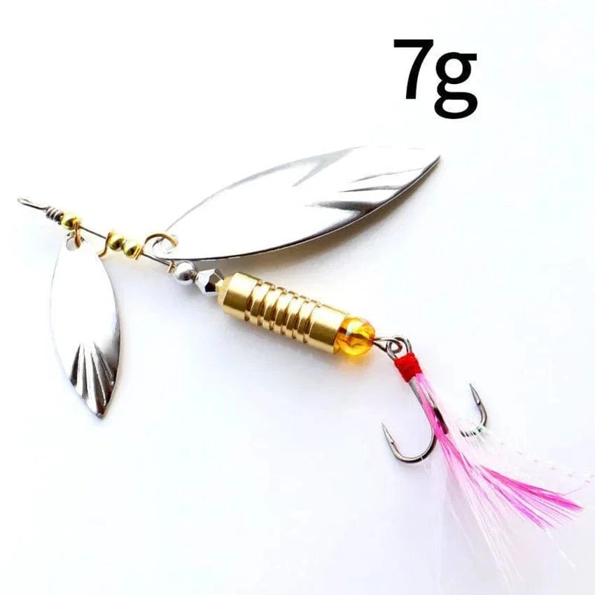China Action Fishing Nets 7g gold 1 Pcs Metal Sliver Rotating Sequins Spoon Lure 7g/10g Spinner Fishing Hard Bait with Feather Treble Hook Fishing Accessories