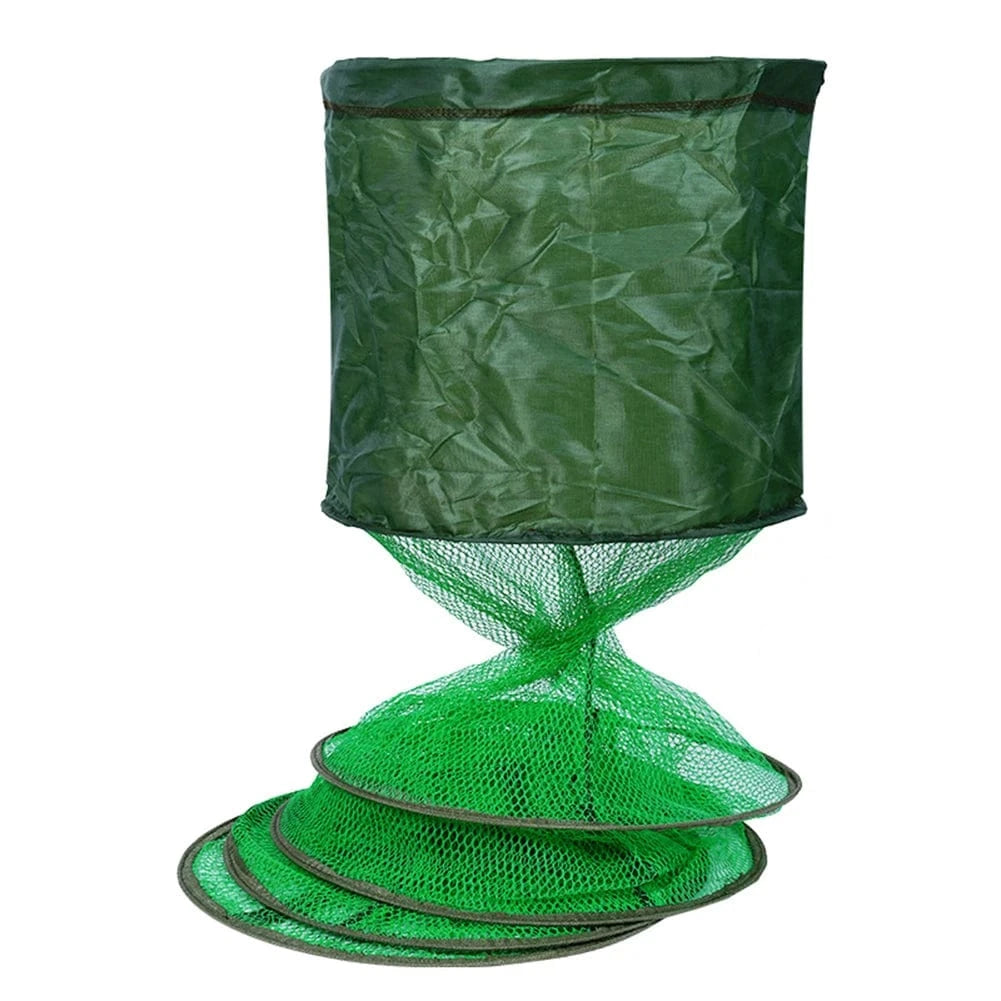 China Action Fishing Nets Portable Nylon Mesh Net Fish Storage Fishing Accessories Steel Ring Folding Fish Cage Fishing Trap Net Fish Basket Tackle