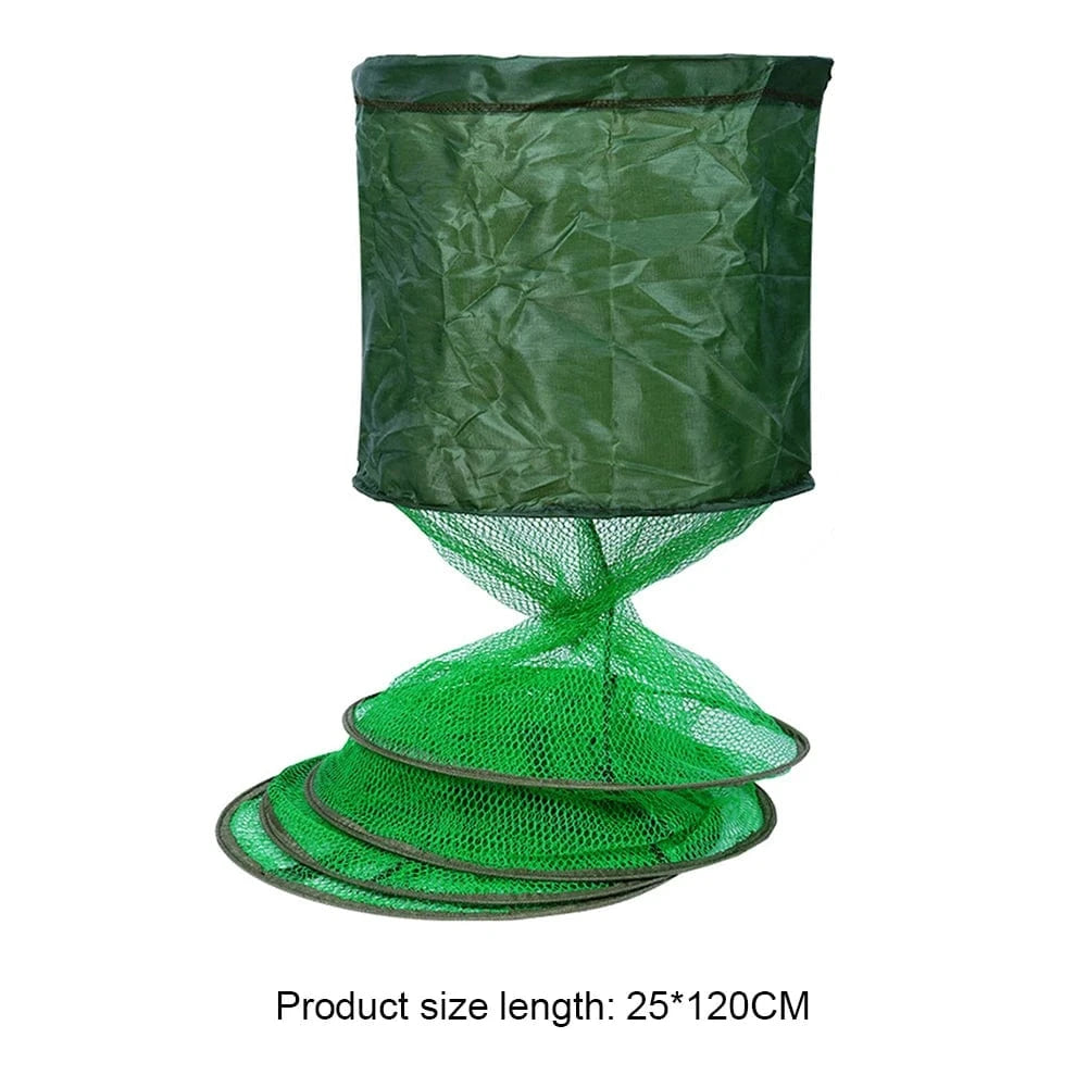 China Action Fishing Nets Portable Nylon Mesh Net Fish Storage Fishing Accessories Steel Ring Folding Fish Cage Fishing Trap Net Fish Basket Tackle