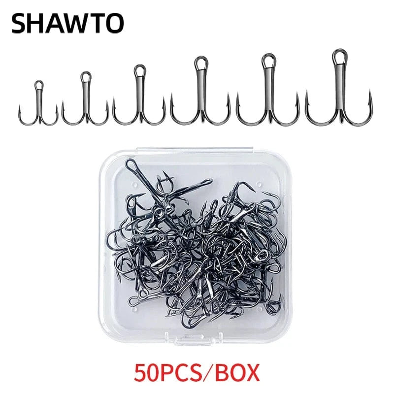 China Action Fishing Nets Shawto 50 PCS/Lot Black High Carbon Treble Hooks Super Sharp Solid Size 2#-12# Triple Barbed Steel Fish Hook Fishing Accessories