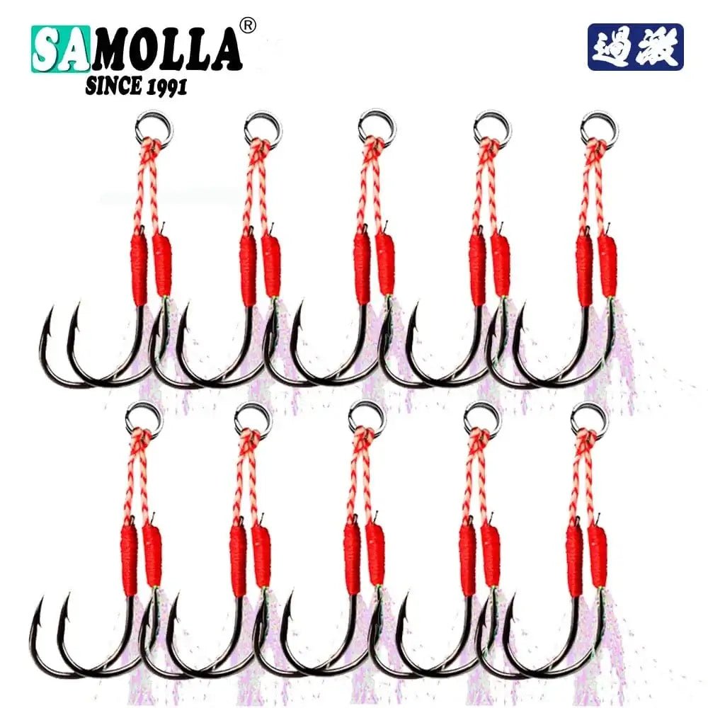 China China 10 Pair black hook / 11 10pair/lot Fishing Hook Jig Double PairHooks Barbed Thread Feather Accessories Pesca High Carbon Steel Fishing Lure Slow Jigging