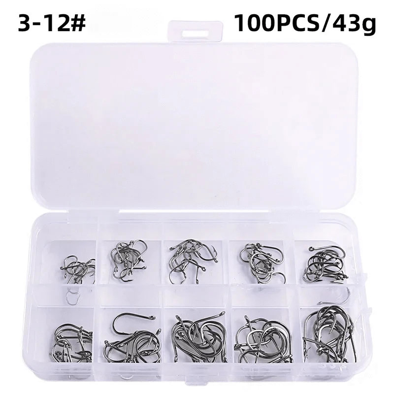 China China 100PCS Carbon Steel Fishing Hooks 50-1600Pcs/Box Strong Sharp Silver Circle Fishhook 3#-12# Jig Barbed Pesca Portable Lure Bait Tackle