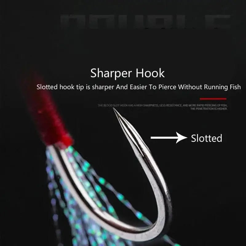 China China 10pair/lot Fishing Hook Jig Double PairHooks Barbed Thread Feather Accessories Pesca High Carbon Steel Fishing Lure Slow Jigging