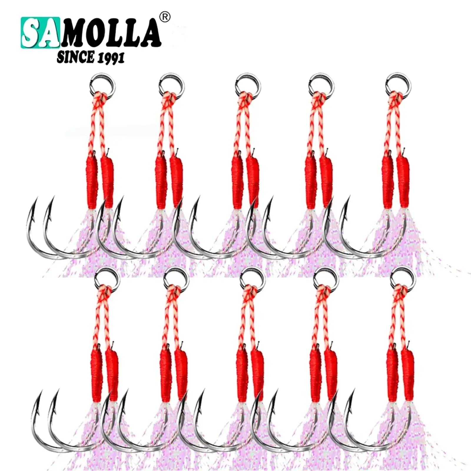 China China 10pair/lot Fishing Hook Jig Double PairHooks Barbed Thread Feather Accessories Pesca High Carbon Steel Fishing Lure Slow Jigging