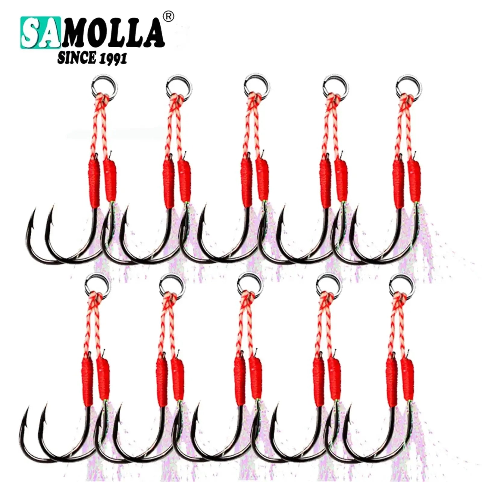 China China 10pair/lot Fishing Hook Jig Double PairHooks Barbed Thread Feather Accessories Pesca High Carbon Steel Fishing Lure Slow Jigging