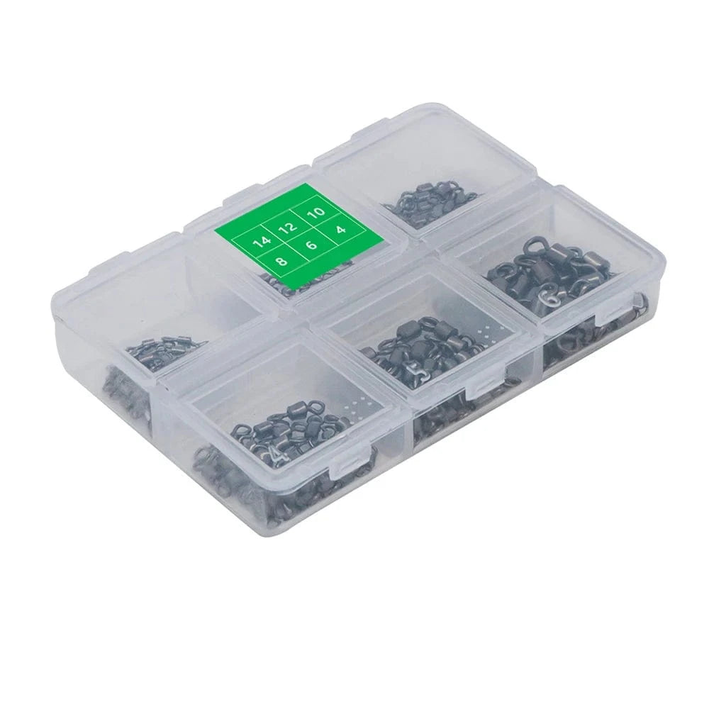 China China 150 pcs 1 box 150pcs/1box 6 Size Fishing Swivel Solid Connector Ball Bearing Snap Fishing Swivels Rolling Stainless Steel Bead Fish Tackle Box