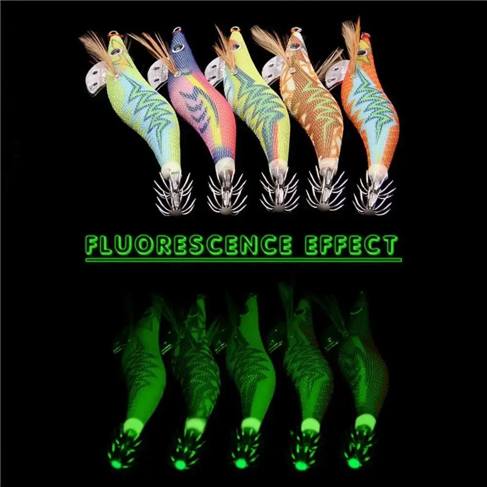China China 15Pcs Luminous Fishing Squid bait Steel Wire Leader Set Saltwater Wood Shrimp Lead Jig Hook Octopus Cuttlefish Trolling Bait