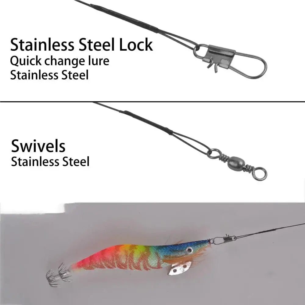 China China 15Pcs Luminous Fishing Squid bait Steel Wire Leader Set Saltwater Wood Shrimp Lead Jig Hook Octopus Cuttlefish Trolling Bait
