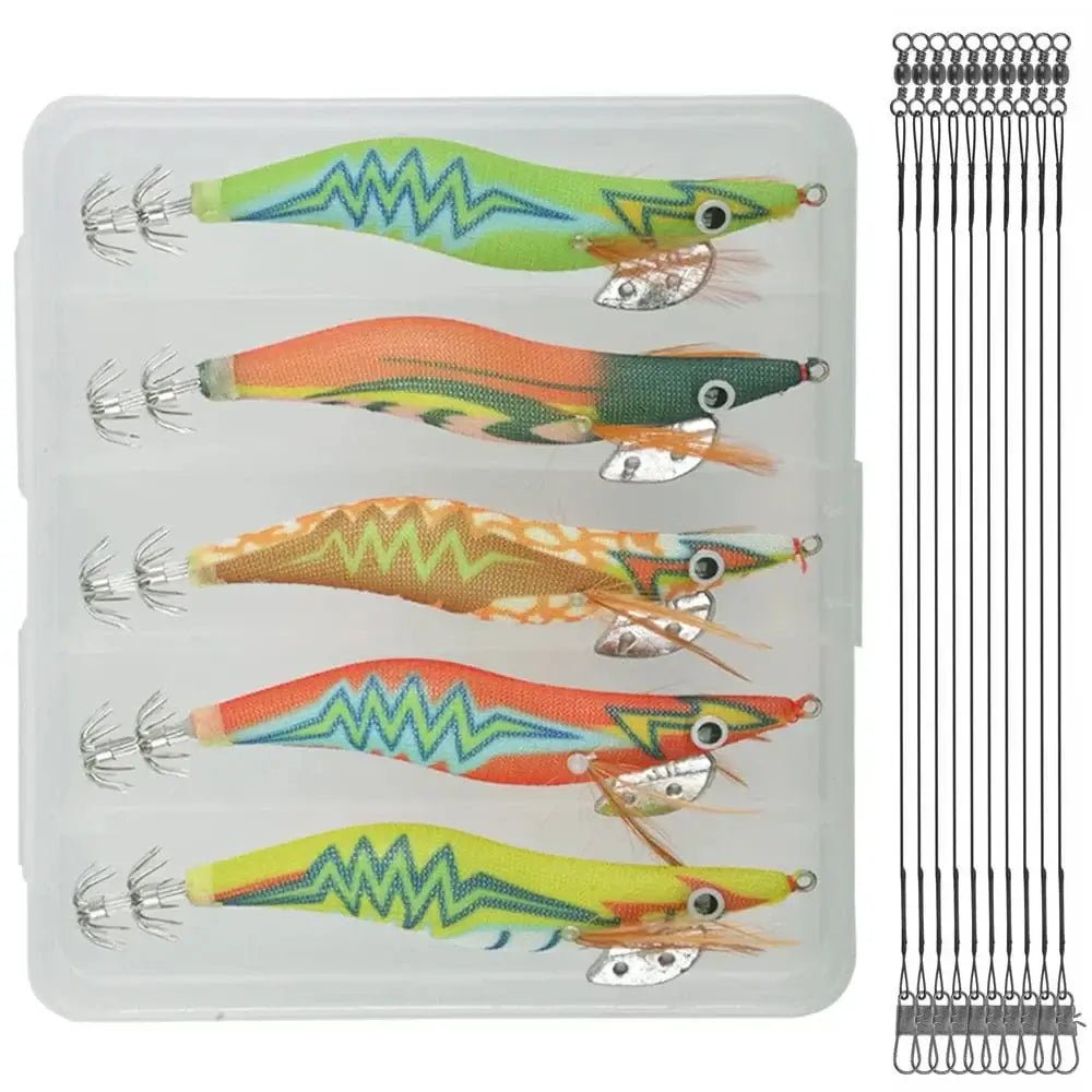 China China 15Pcs Luminous Fishing Squid bait Steel Wire Leader Set Saltwater Wood Shrimp Lead Jig Hook Octopus Cuttlefish Trolling Bait