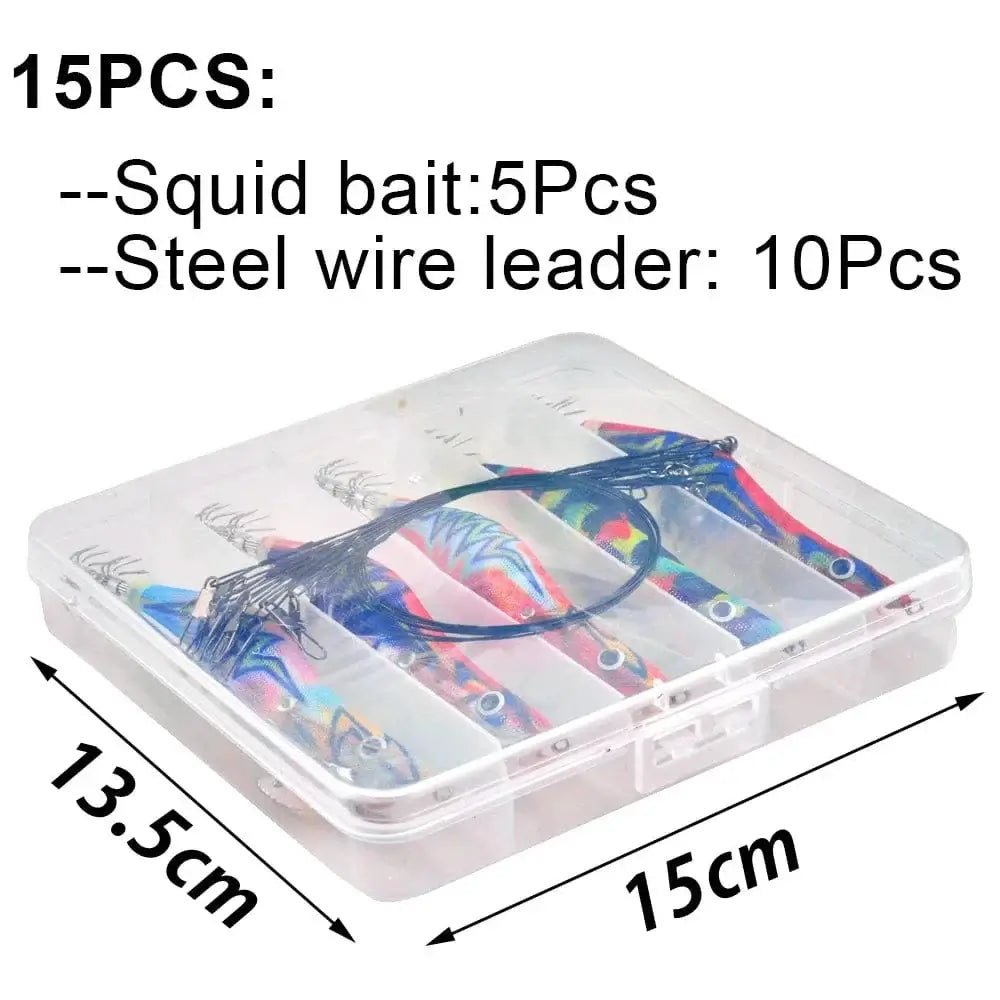 China China 15Pcs Luminous Fishing Squid bait Steel Wire Leader Set Saltwater Wood Shrimp Lead Jig Hook Octopus Cuttlefish Trolling Bait