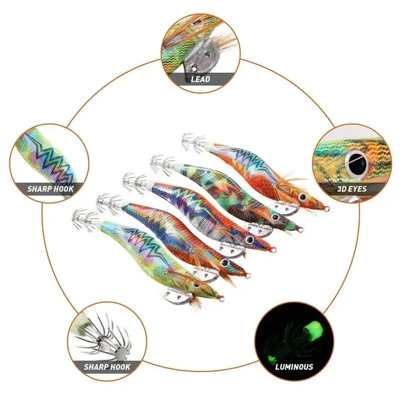 China China 15Pcs Luminous Fishing Squid bait Steel Wire Leader Set Saltwater Wood Shrimp Lead Jig Hook Octopus Cuttlefish Trolling Bait