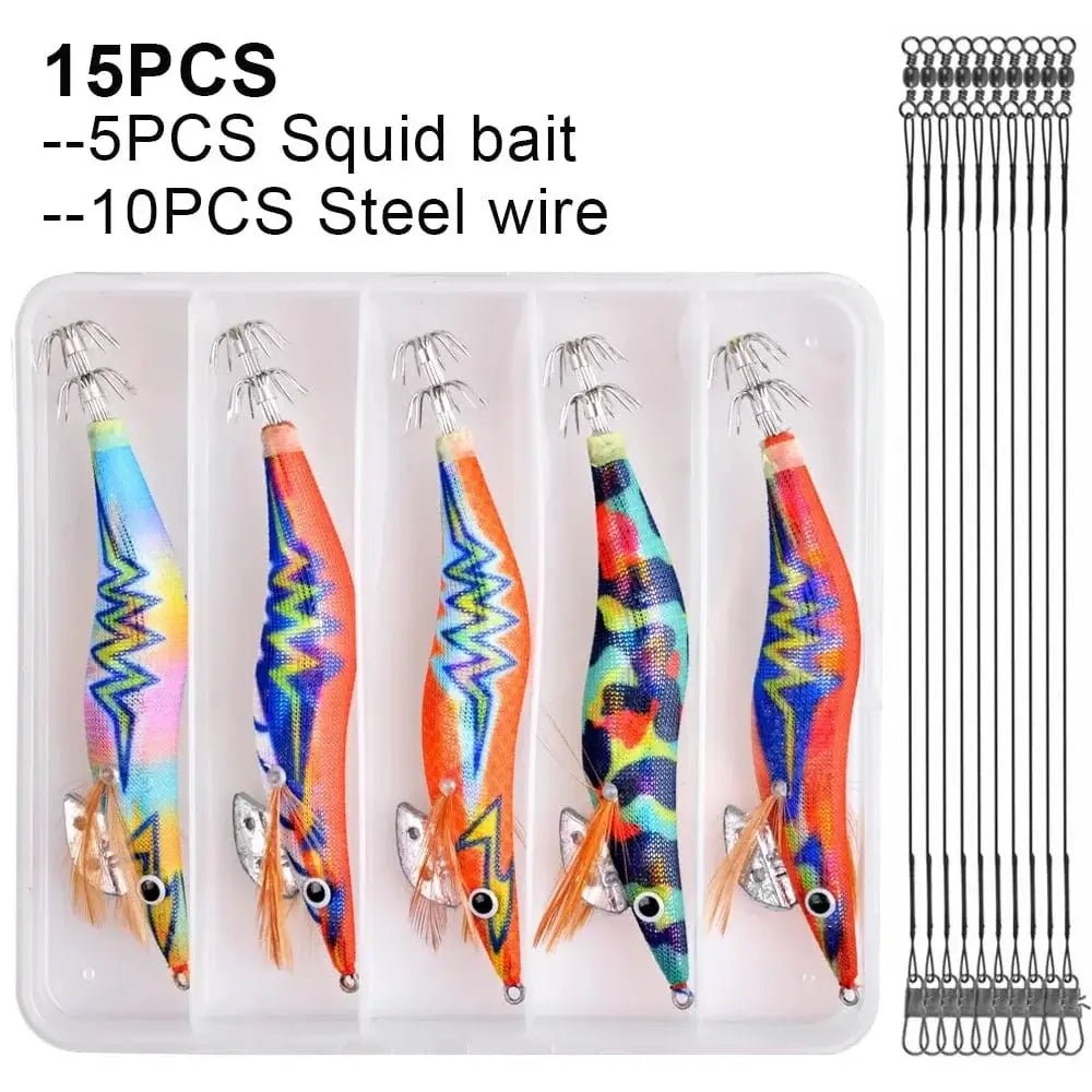 China China 15Pcs Luminous Fishing Squid bait Steel Wire Leader Set Saltwater Wood Shrimp Lead Jig Hook Octopus Cuttlefish Trolling Bait