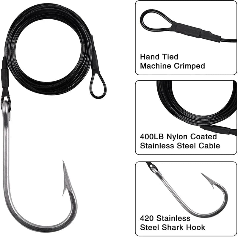 China China 1pcs Big Game Shark Fishing Hooks with 9.8ft Nylon Coated Cable Leader(380-400LB) Deep Sea Hook Saltwater Fishhooks